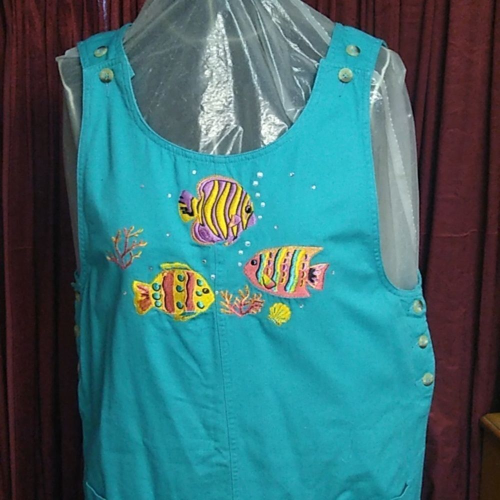 Quacker Factory Jumper Dress Lg New Sleeveless Cotton Fish Coral Front Pockets